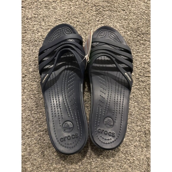 Crocs Rubber Rhonda Women Sandals Size 11 Navy Blue Wedge Slip On Slides - Picture 4 of 9